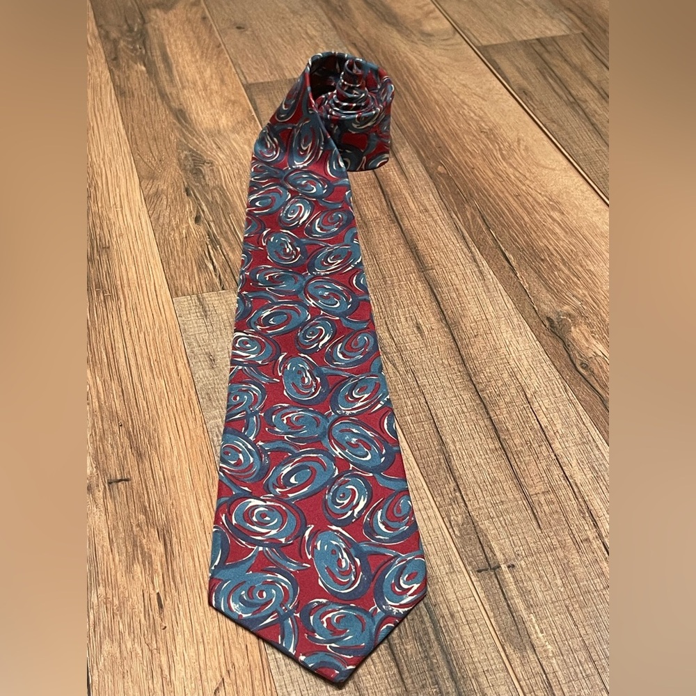 Ted Lapidus Red and Blue Silk Tie with Swirl Design Made In Italy